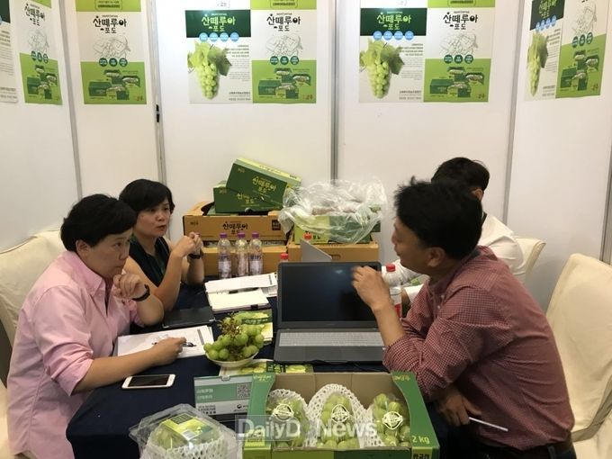 사진제공 상주시 샤인머스켓 생산자와 현지 바이어(왼쪽)가 상담을 하고 있다.
