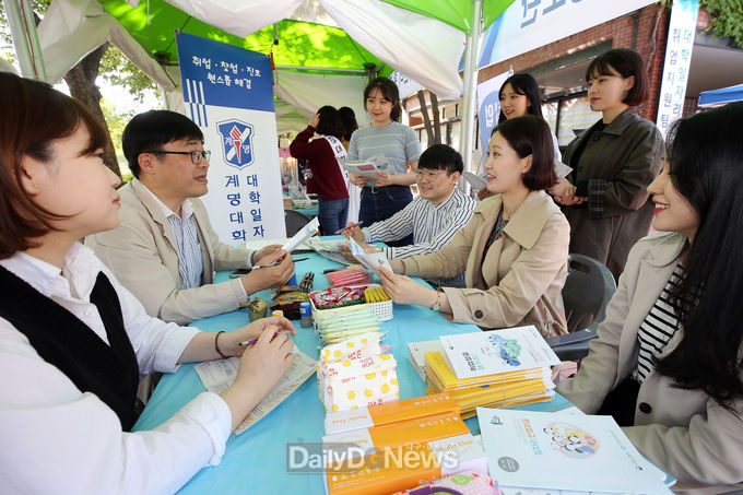 계명대 대학일자리센터가 2018년 청년고용정책 축제를 열어 부스에서 취업준비생들이 상담을 받고 있다. (사진=계명대 제공)