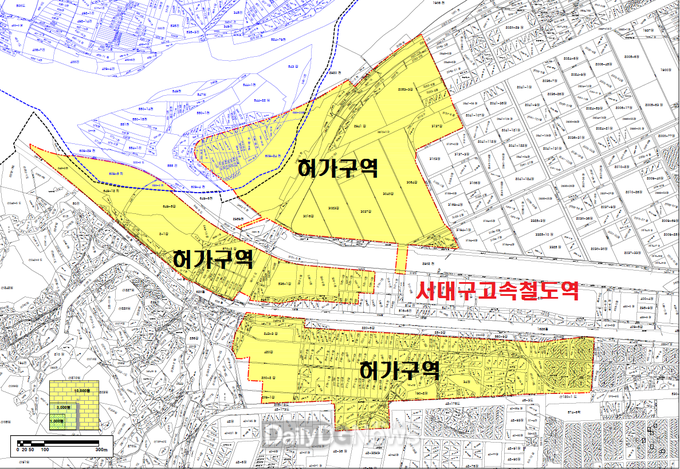 서대구 역세권 개발 예정지 토지거래계약 허가구역 위치도. (사진=서구청 제공)
