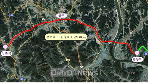 홍석준 자유한국당 대구 달서갑 예비후보가 공약으로 발표한 '성서. 성주 상생 철도' 노선도. (사진=홍석준 예비후보 제공)