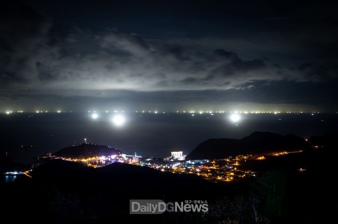  축산항에서 오징어 잡이 배가 집어등을 켜고 조업을 하는 모습