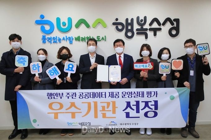 대구 수성구가 ‘2019년 공공데이터 제공 운영실태 평가’에서 우수기관으로 선정돼 기념촬영을 하고 있다. (사진=수성구청 제공)