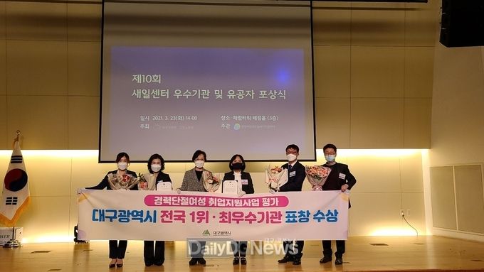 대구시가 23일 여성가족부 ‘2020년 경력단절여성 취업지원사업 평가’에서 전국 1위를 달성해 최우수기관 표창을 수상하고 있다. (사진=대구시 제공)