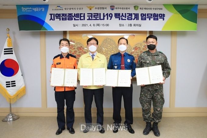 대구 수성구 ‘지역접종센터 코로나19 백신경계 업무 협약’ 체결모습. (왼쪽부터 이광성 수성소방서장, 김대권 수성구청장, 김대현 수성경찰서장, 문수상 육군 제50사단 수성구대대장). (사진=수성구청 제공)