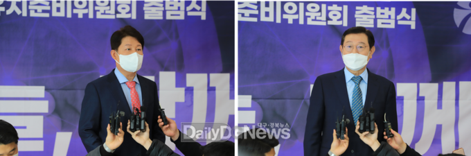 ‘2038년 하계아시안게임 대구·광주 공동유치 준비위원회 출범식'에서 이용섭 광주시장(오른쪽)과 권영진 대구시장(왼쪽)이 공동유치의 의미를 설명하고 있다. (사진=이준호 기자)