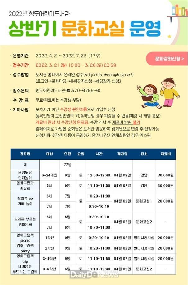 청도어린이도서관 상반기 문화교실 운영