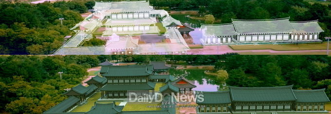 경주타워 전망 2층에서 상영 중인 '천년대계' 영상 일부 복원 전 동궁과 월지(위) 복원 후 동궁과 월지(아래) 모습