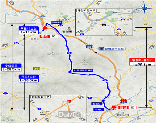 •횡성IC ↔ 국도5호선(경강로) ↔ 국도5호선(영서로) ↔ 송학정로 ↔ 국도44호선(설악로) ↔ 홍천IC