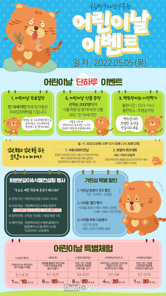 국립백두대간수목원, 어린이날 100주년 기념 다양한 이벤트 추진