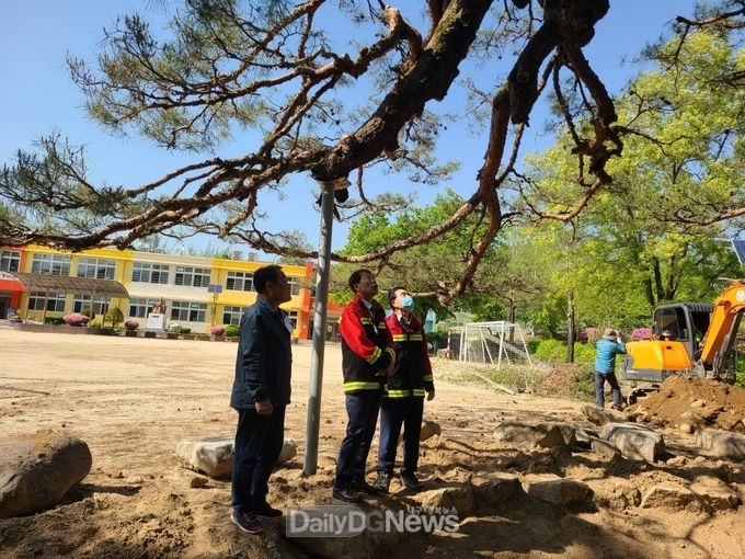 홍석표 봉화부군수(가운데)가 물야초등학교 명상숲 복원 현장을 둘러보고 있다