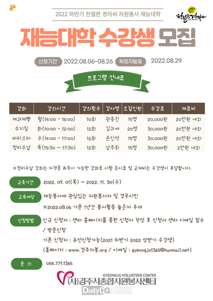 경주시종합자원봉사센터, 자원봉사 재능대학 수강생 모집