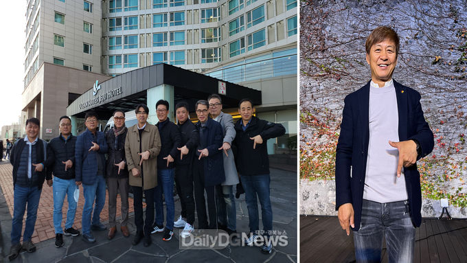 한국노총 공공노련 국토위분과 노동조합 위원장들(왼쪽)과 듀오 가수 수와진의 안상수 씨가 럭키칠곡 포즈로 기념 촬영을 하고 있다