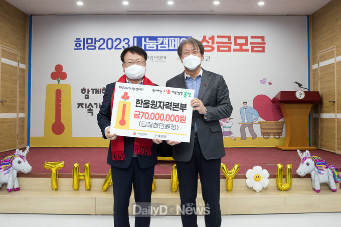 2일 박범수 한울원자력본부장(오른쪽)이 손병복 울진군수에게 성금 7,000만원을 전달하고 있다.