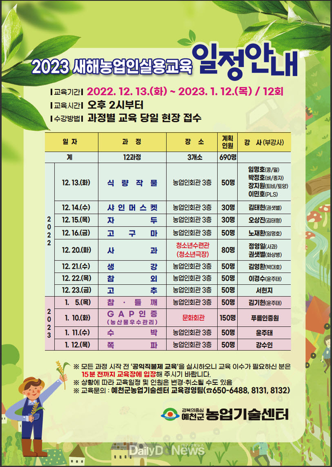 새해 농업인실용교육 13일부터 총 12회 진행