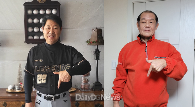  칠곡군 제공)이만수(왼쪽) 감독과 박철순 코치가 럭치칠곡 포즈로 소아암 어린이를 응원하고 있다