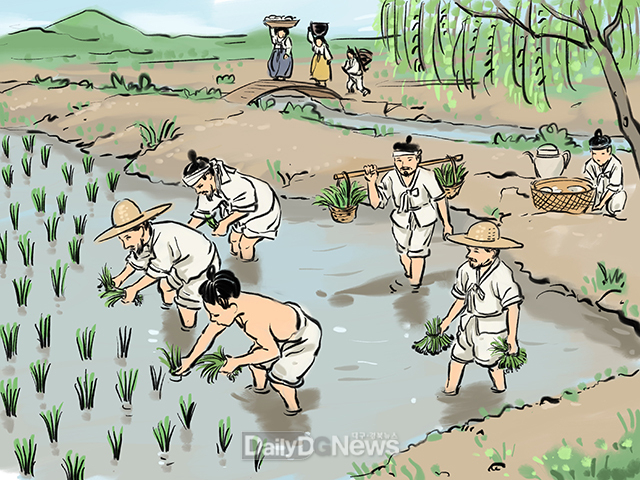 □ 조선 시대 모내기 하는 모습(출처:한국국학진흥원 스토리테마파크)
