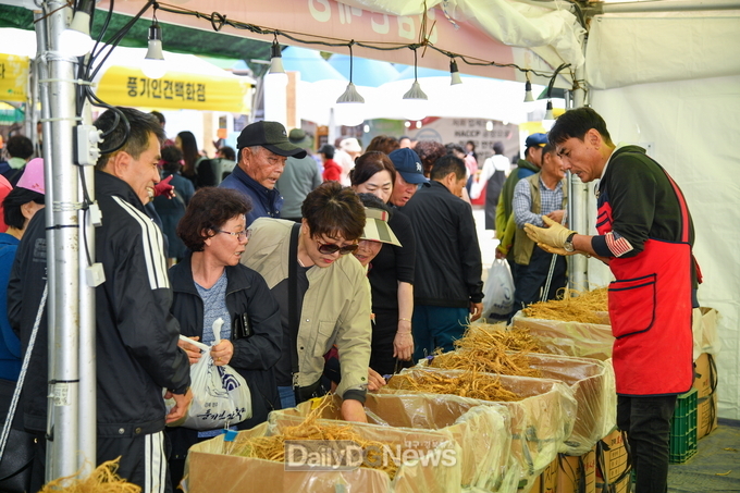  풍기인삼축제장을 찾은 관광객들이 인삼을 구매하고 있다