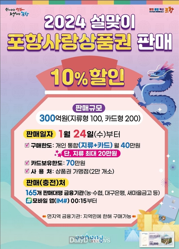 포항사랑상품권 설맞이 10% 특별할인 판매로 민생경제 챙긴다