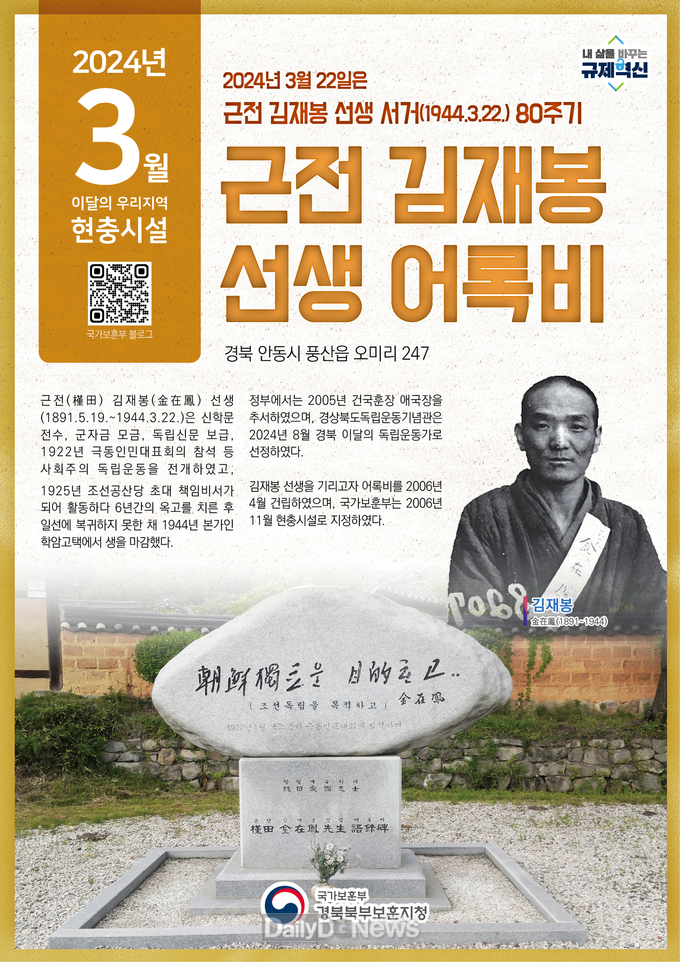 안동시 ‘근전 김재봉선생 어록비’ 