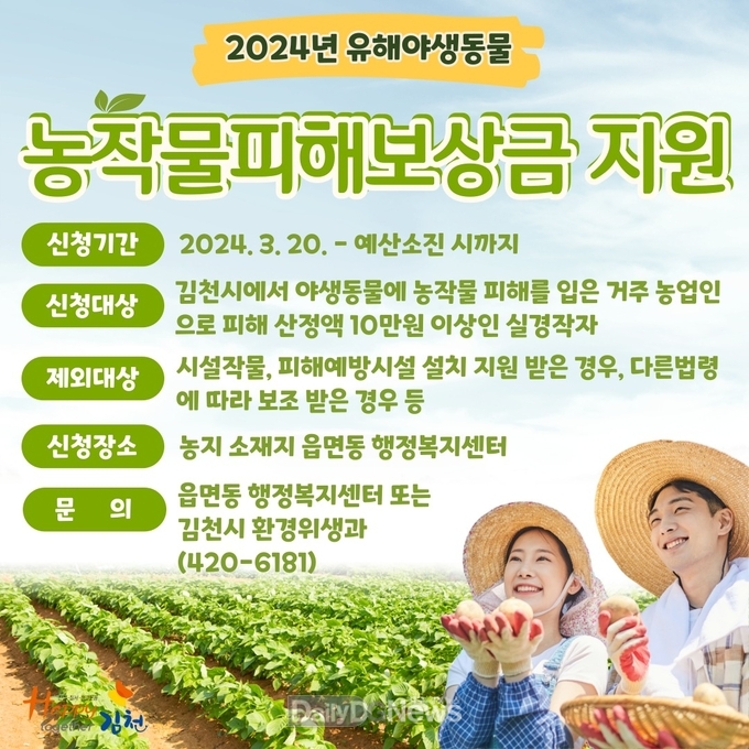 김천시, 야생동물 농작물 피해보상금 지원