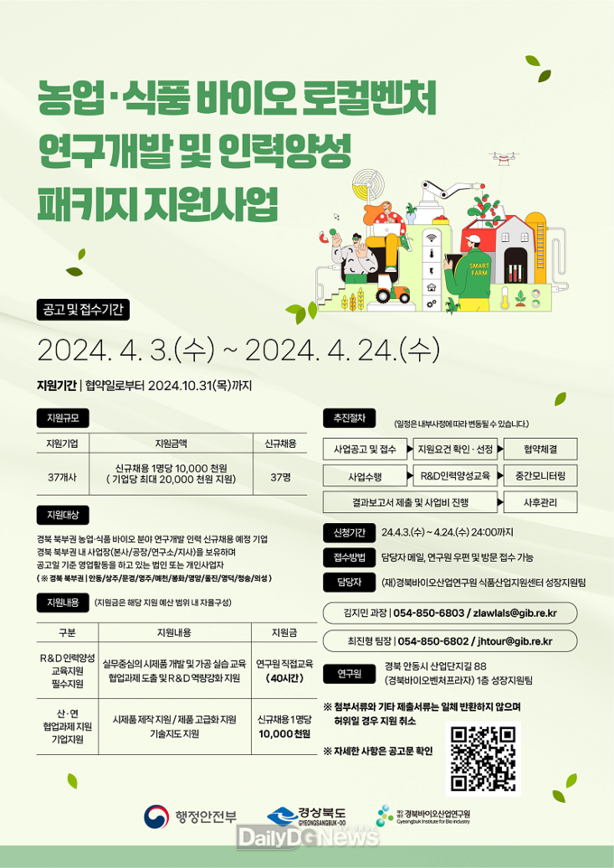 농업․식품 바이오 로컬벤처 연구개발 및 인력양성 패키지 지원사업 참여 희망하는 기업 모집
