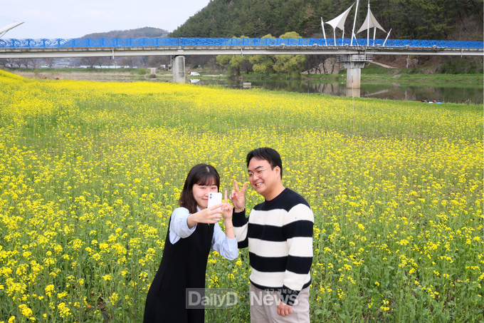 청도군 제공)소통책임관이 SNS 홍보를 위해 레일바이크, 청도천변 유채꽃밭에서 직접 촬영한 셀카