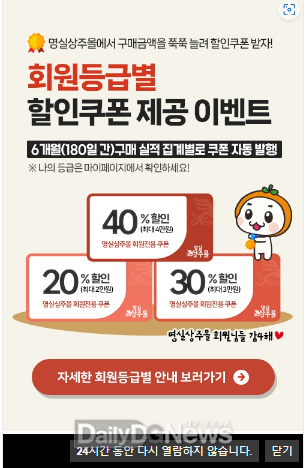 상주시, 농특산물 온라인 쇼핑몰 회원등급별 할인 쿠폰 제공