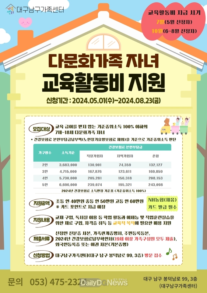대구 남구. 다문화가족 자녀 교육활동비 지원 안내 포스터. (사진=남구 제공)