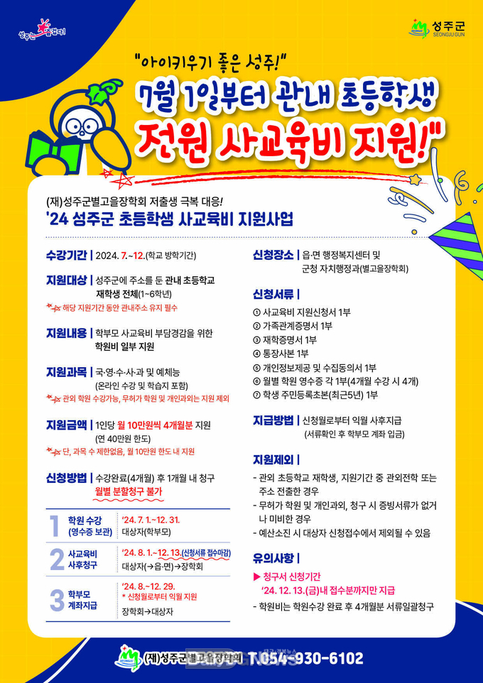 성주군, 7월 1일부터, 초등학생 사교육비 지원