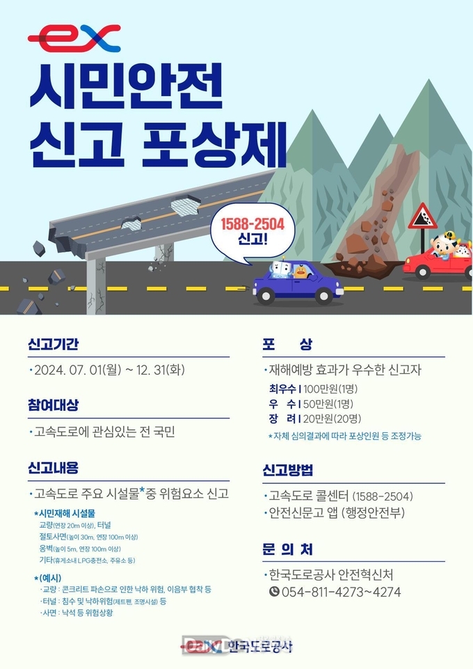 한국도로공사, 시민재해 위험요소 신고하면 포상금 지급하는‘시민안전 신고 포상제’운영