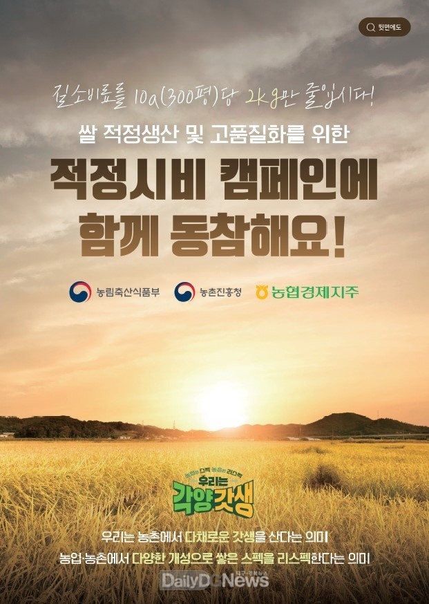쌀전업농 및 들녘경영체 등 대상 ,‘질소비료 필요량만 사용하기’운동