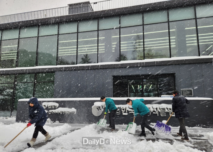 11월 28일 강원도 평창군 일대에 대설이 내리고 있는 가운데 한국수목원정원관리원 심상택 이사장과 임직원들이 국립한국자생식물원에서 한파 대비 제설작업을 펼치고 있다.
