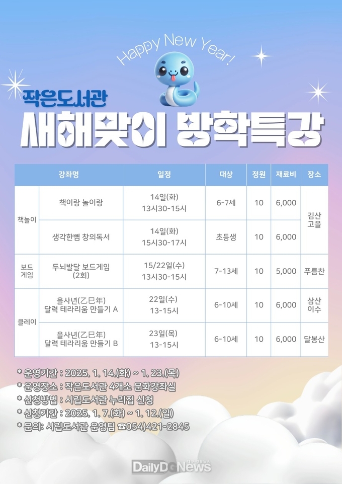 김천시립‧작은도서관 방학 특강, 1월 7일부터 온라인 신청 접수