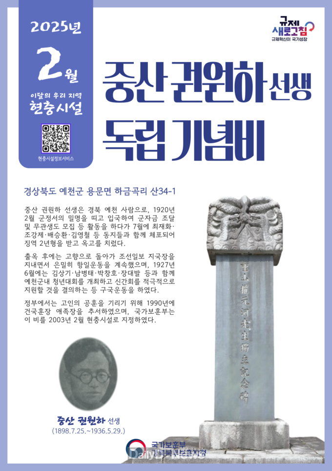 예천군 ‘’중산 권원하선생 독립 기념비“ 선정