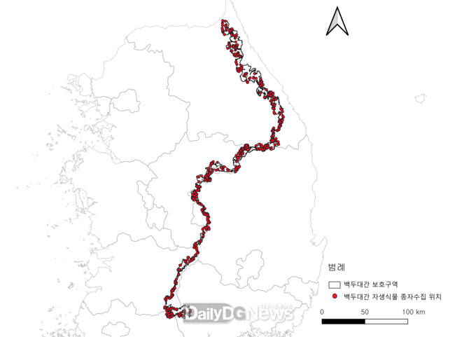 2019년부터 2024년까지 진행한 백두대간 자생식물 종자수집 위치