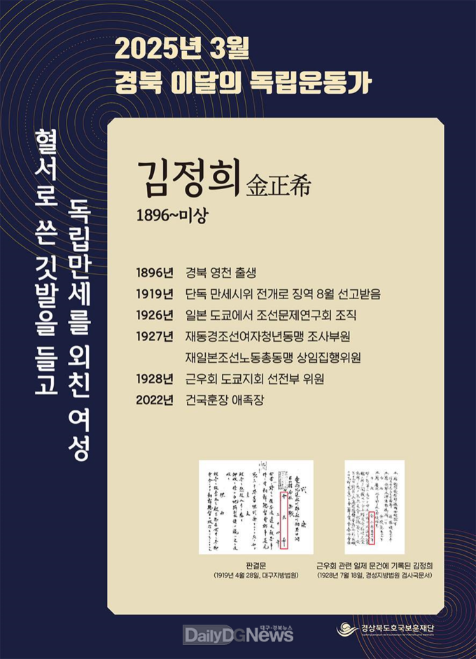 경북 3월의 독립운동가 김정희(영천) 선정