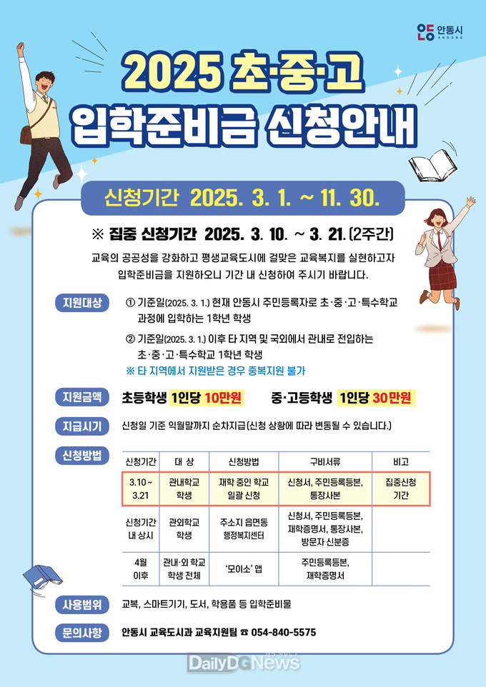 안동시, 2025년 신입생 입학준비금 지원