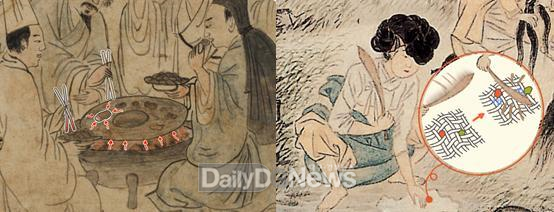 옛그림 《야연》에 고기를 구울 때 발생하는 열전도 현상을 표시하였고, 빨래하는 그림에는 오염이 빠지는 원리를 표현하였다.(출처: 한국데이터진흥원/최유정)