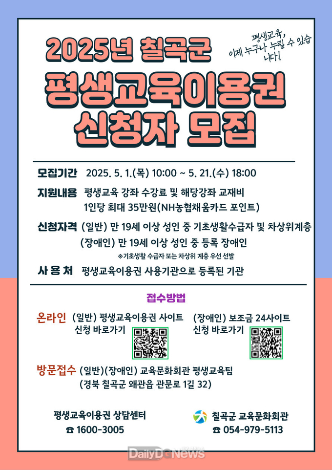 칠곡군, 소외계층 1인당 35만원‘평생교육 바우처’지원