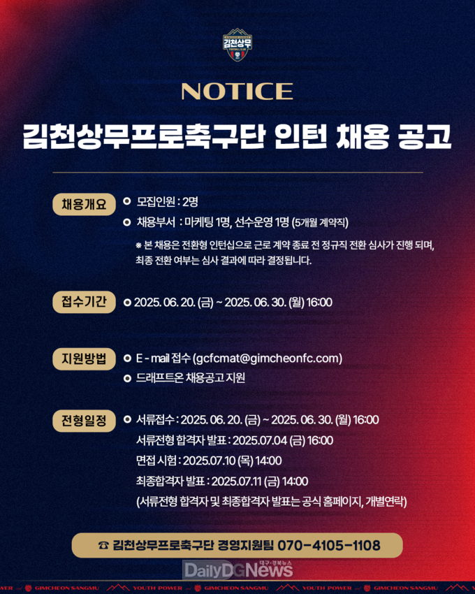 김천상무, 마케팅팀·선수운영팀 직원 채용