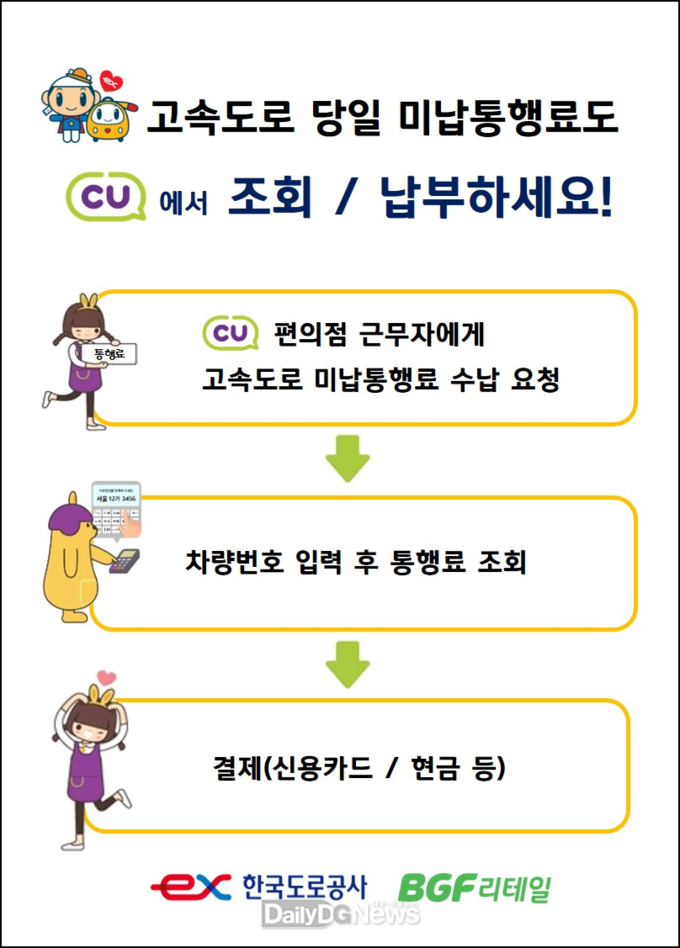 한국도로공사, 고속도로 당일 미납 통행료 전국 CU 편의점에서 납부 가능