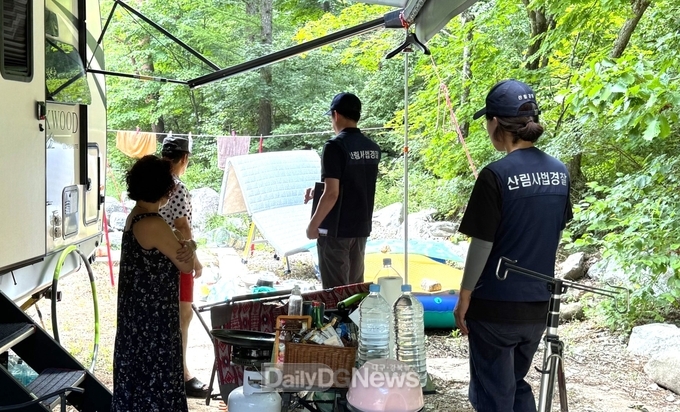 남부지방산림청 제공) 2024년 8월 경북 울진군 금강송면 일대에서 산림특별사법경찰이 불법시설물 설치 및 산림 내 취사 행위에 대한 단속을 실시하고 있다.
