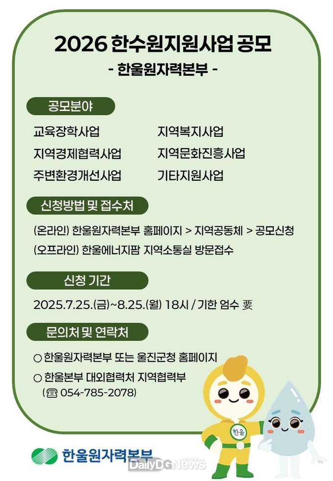 한울본부, 2026년도 한수원지원사업 공모 시행