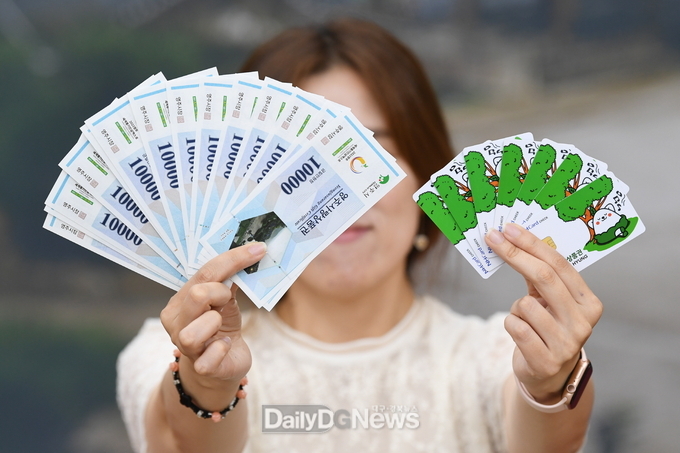 영주시민이 영주사랑상품권과 영주사랑체크카드를 들어보이고 있다