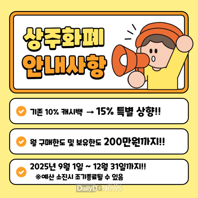 상주화폐 9월부터 캐시백 15%로 확대