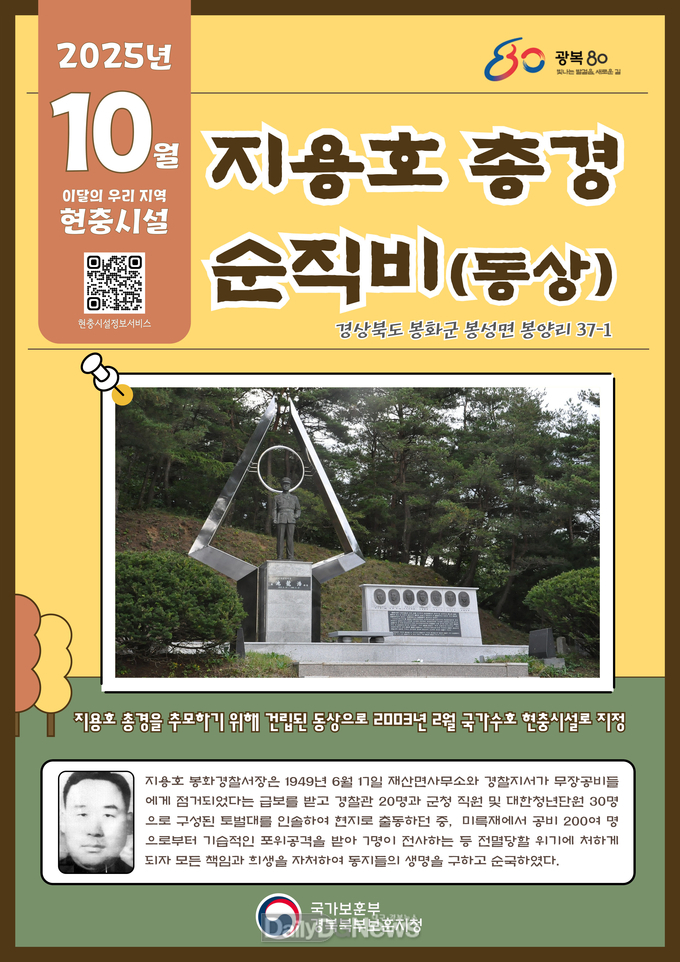 경북북부보훈지청, 이달의 우리 지역 현충시설 ‘지용호총경 순직비’ 선정