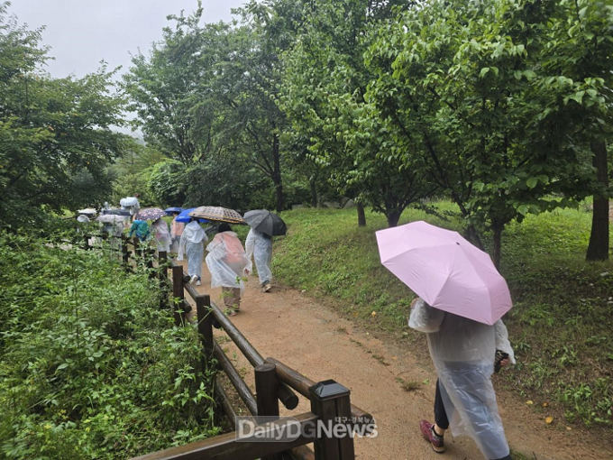 영주YMCA 한글 교실 참여자들이 숲해설가와 함께 숲길 탐방을 하고 있다. 한국산림복지진흥원 국립산림치유원 제공.