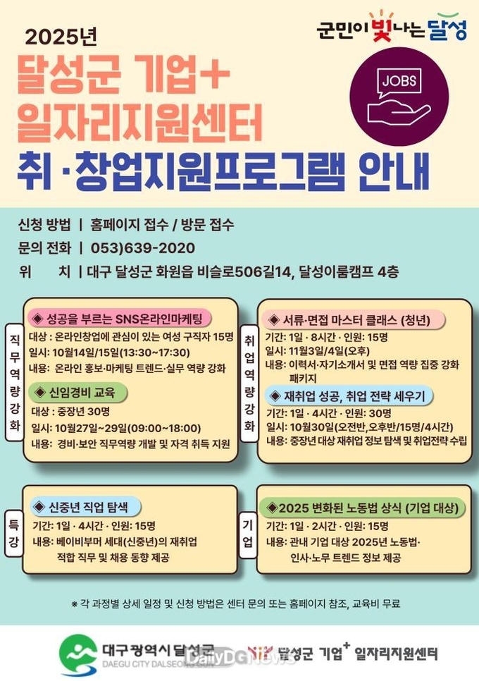 대구 달성군. 기업+일자리지원센터 지원 프로그램 운영 홍보 포스터. (사진=달성군 제공)
