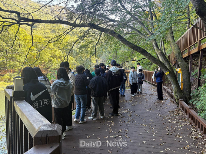 한국산림복지진흥원 국립칠곡숲체원(경북 칠곡군 석적읍)에서 특수교육 대상 청소년들이 숲에서 ‘오감빙고’ 산림교육 프로그램에 참여하고 있다. 한국산림복지진흥원 국립칠곡숲체원 제공